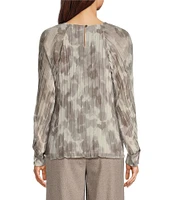 Calvin Klein Floral Printed Chiffon Pleated Crew Neck Long Sleeve Blouse