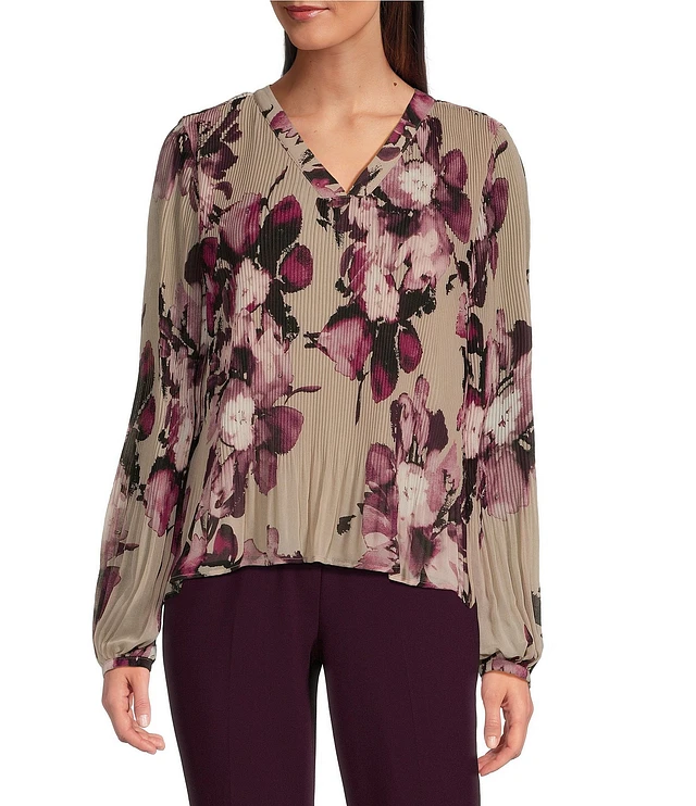 Calvin Klein Floral-Printed Chiffon Pleated V-Neck Long Sleeve Blouse |  Liberty Center