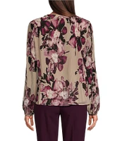 Calvin Klein Floral-Printed Chiffon Pleated V-Neck Long Sleeve Blouse