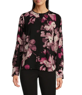 Calvin Klein Floral Printed Georgette Crew Neck Keyhole-Button Long Sleeve Blouse