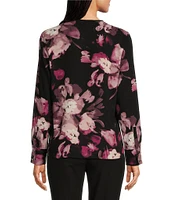 Calvin Klein Floral Printed Georgette Crew Neck Keyhole-Button Long Sleeve Blouse