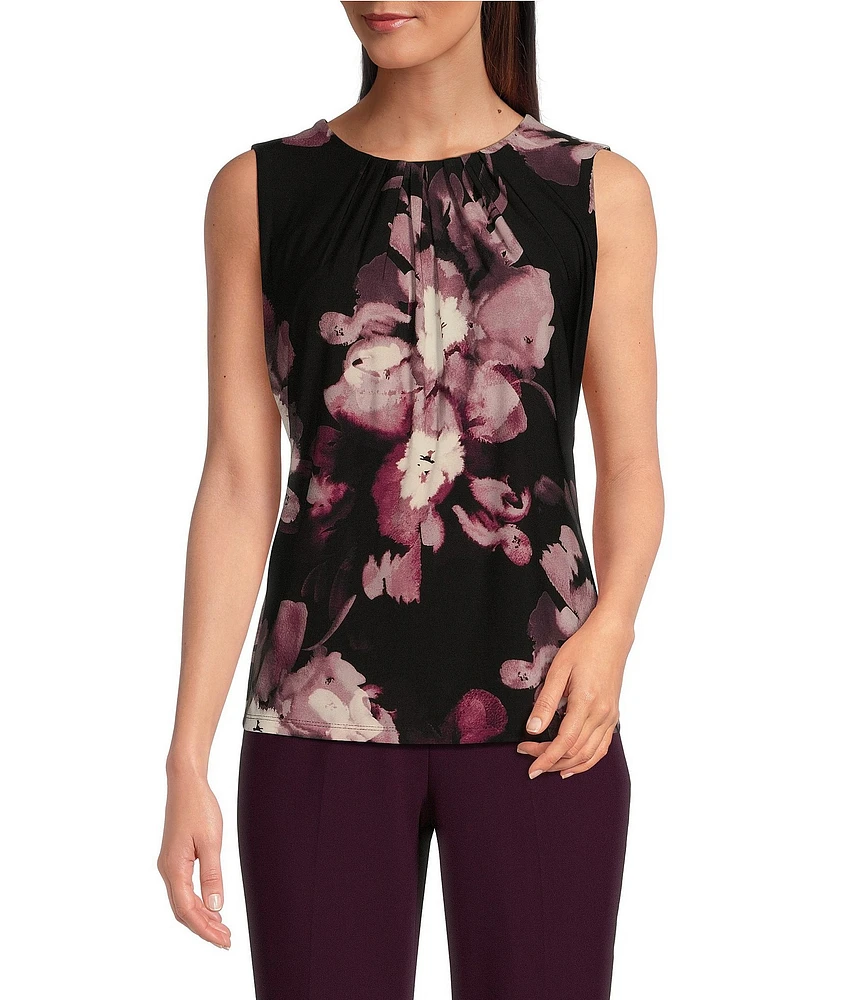 Calvin Klein Floral Printed Matte Jersey Pleated Crew Neck Cami