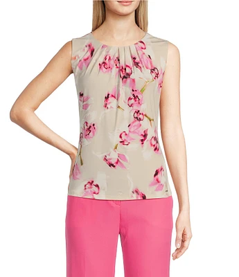 Calvin Klein Floral Printed Matte Jersey Pleated Crew Neck Cami