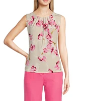 Calvin Klein Floral Printed Matte Jersey Pleated Crew Neck Cami