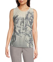 Calvin Klein Floral Printed Matte Jersey Pleated Crew Neck Sleeveless Cami