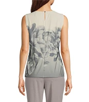 Calvin Klein Floral Printed Matte Jersey Pleated Crew Neck Sleeveless Cami