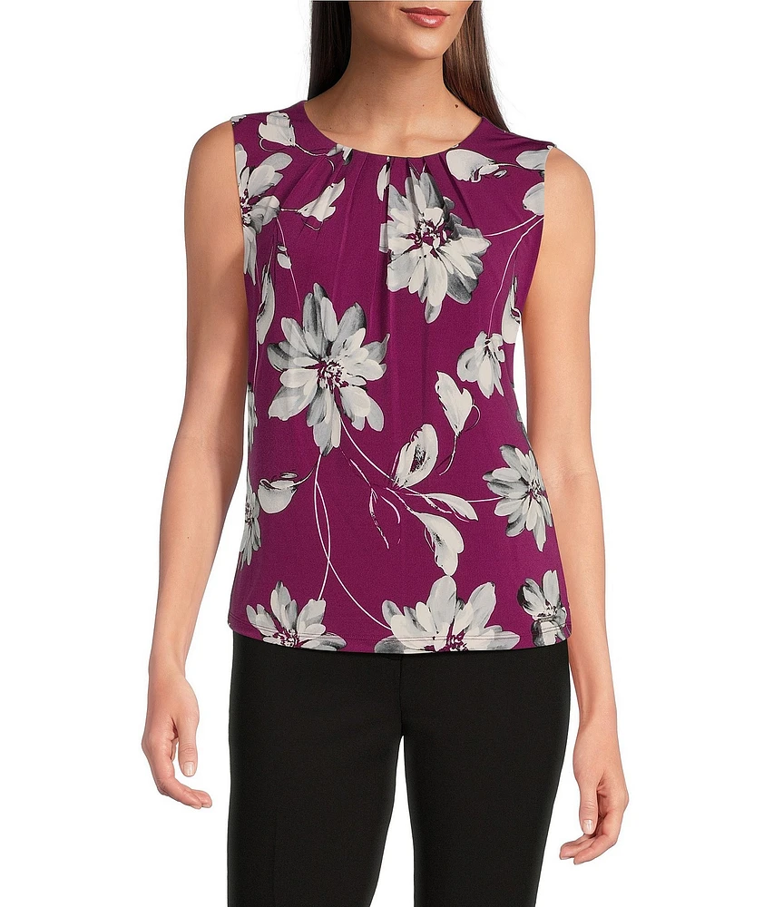 Calvin Klein Floral Printed Sleeveless Pleat Neck Cami Top