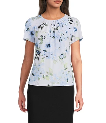 Calvin Klein Floral Short Sleeve Pleat Neck Top