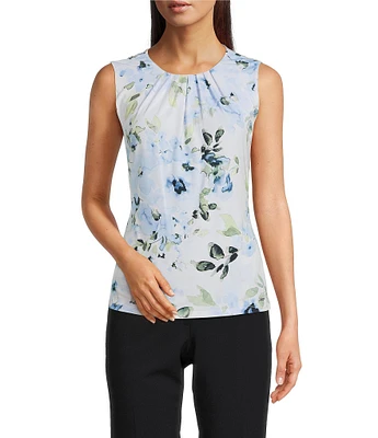 Calvin Klein Floral Sleeveless Pleat Crew Neck Cami