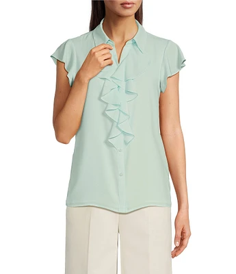 Calvin Klein Flutter Sleeve Collared Ruffle Button Front Blouse