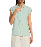 Calvin Klein Flutter Sleeve Collared Ruffle Button Front Blouse