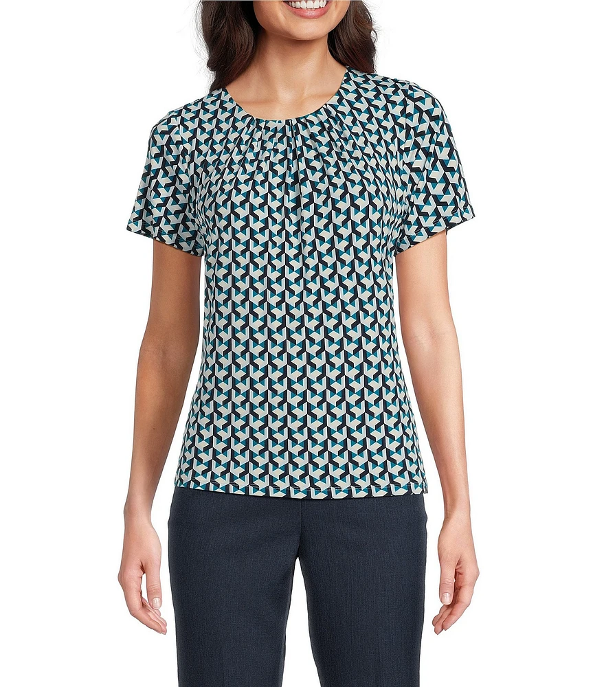Calvin Klein Geometric Print Pleated Crew Neck Short Sleeve Blouse