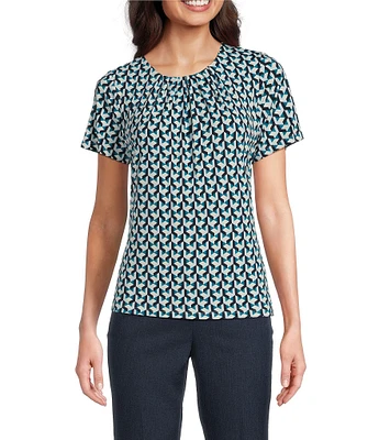 Calvin Klein Geometric Print Pleated Crew Neck Short Sleeve Blouse
