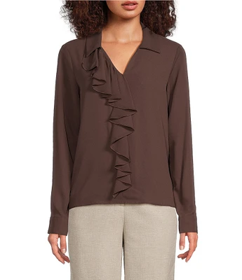 Calvin Klein Georgette Collared V-Neck Long Sleeve Ruffle Front Blouse