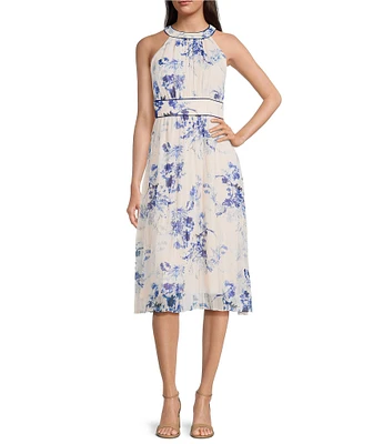 Calvin Klein Halter Neck Floral Print Chiffon Dress
