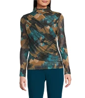 Calvin Klein Knit Abstract Printed Ruched Mesh Mock-Neck Long Sleeve Coordinating Top