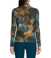 Calvin Klein Knit Abstract Printed Ruched Mesh Mock-Neck Long Sleeve Coordinating Top