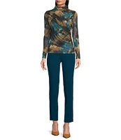 Calvin Klein Knit Abstract Printed Ruched Mesh Mock-Neck Long Sleeve Coordinating Top