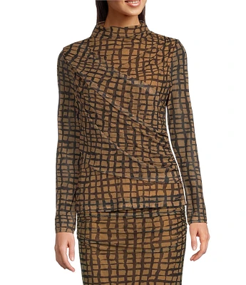 Calvin Klein Knit Printed Ruched Mesh Mock-Neck Long Sleeve Coordinating Top