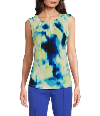 Calvin Klein Knit Tie Dye Print Pleated Crew Neck Sleeveless Cami Top