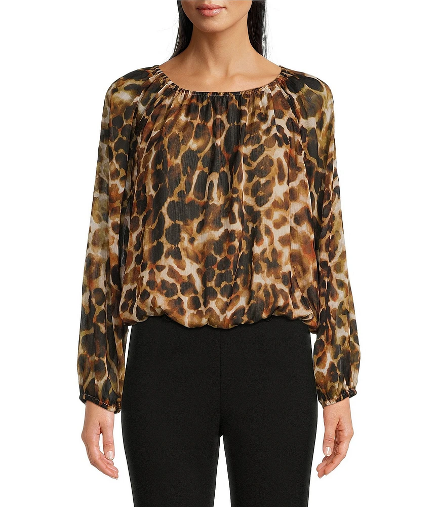 Calvin Klein Leopard Printed Crew Neckline Long Sleeve Blouse