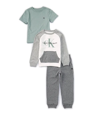 Calvin Klein Little Boys 2T-7 Color Block Fleece Sweatshirt, Solid Fleece Jogger Pants & Short-Sleeve Solid Knit T-Shirt Set