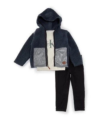 Calvin Klein Little Boys 2T-7 Long Sleeve Color-Block Hooded Jacket, Long Sleeve CK Logo T-Shirt & Solid Jogger Pant Set