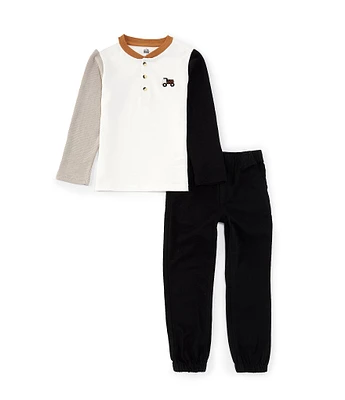 Calvin Klein Little Boys 2T-7 Long Sleeve Colorblock Henley Thermal T-Shirt & Solid Twill Jogger Pant Set