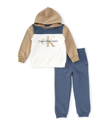 Calvin Klein Little Boys 2T-7 Long Sleeve Colorblock Monogrammed-Logo Fleece Hoodie & Solid Fleece Jogger Pant Set