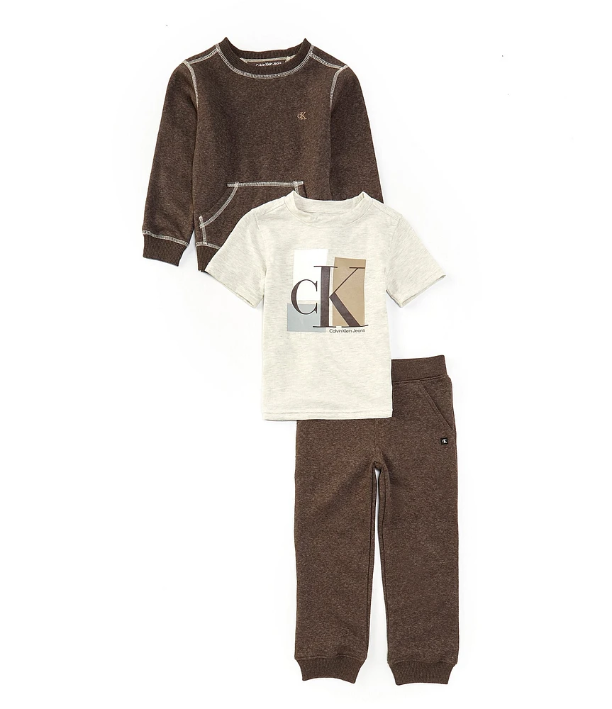 Calvin Klein Little Boys 2T-7 Long Sleeve Heather Fleece Top, Short Sleeve Graphic T-Shirt & Jogger 3-Piece Set