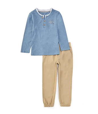 Calvin Klein Little Boys 2T-7 Long Sleeve Layered Look Henley T-Shirt and Twill Joggers 2-Piece Set