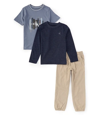 Calvin Klein Little Boys 2T-7 Long-Sleeve Monogrammed T-Shirt, Short-Sleeve Logo/Graphic T-Shirt & Solid Poplin Jogger Pant Set