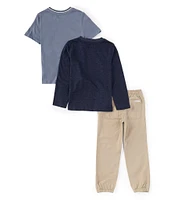 Calvin Klein Little Boys 2T-7 Long-Sleeve Monogrammed T-Shirt, Short-Sleeve Logo/Graphic T-Shirt & Solid Poplin Jogger Pant Set