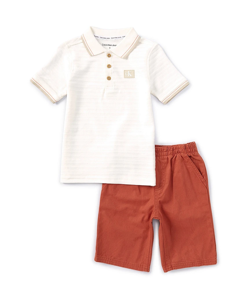 Calvin Klein Little Boys 2T-7 Short Sleeve Herringbone Jersey Polo Shirt and Twill Shorts Set