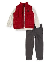 Calvin Klein Little Boys 2T-7 Sleeveless Quilted Microfiber Vest, Long-Sleeve Logo Knit T-Shirt & Fleece Jogger Pant Set