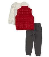 Calvin Klein Little Boys 2T-7 Sleeveless Quilted Microfiber Vest, Long-Sleeve Logo Knit T-Shirt & Fleece Jogger Pant Set