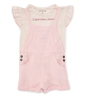 Calvin Klein Little Girls 2T-6X Flutter-Sleeve Striped Logo Muslin T-Shirt & Sleeveless Solid Romper Set