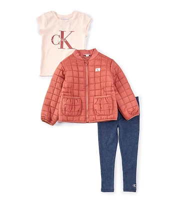 Calvin Klein Little Girls 2T-6X Long Sleeve Puffer Barn Jacket, Short Sleeve Logo T-Shirt & Leggings Set