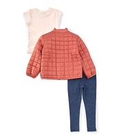 Calvin Klein Little Girls 2T-6X Long Sleeve Puffer Barn Jacket, Short Sleeve Logo T-Shirt & Leggings Set