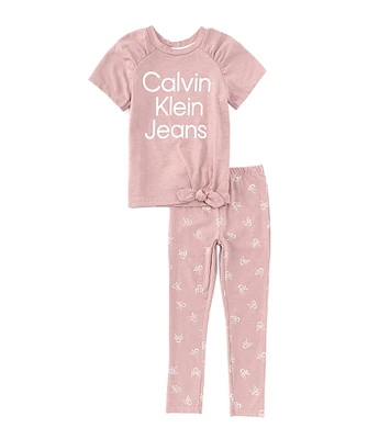 Calvin Klein Little Girls 2T-6X Raglan Sleeve Logo Tie-Front Tunic Top & Printed Leggings Set