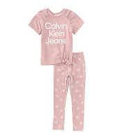 Calvin Klein Little Girls 2T-6X Raglan Sleeve Logo Tie-Front Tunic Top & Printed Leggings Set