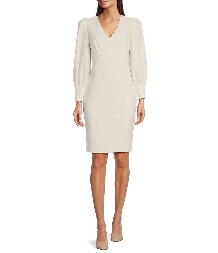 Calvin Klein Long Bishop Sleeve V-Neck Scuba Crepe Sheath Dress