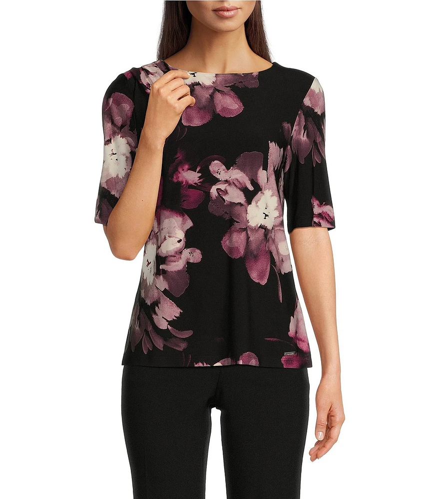 Calvin Klein Matte Jersey Floral-Printed Crew Neck Elbow Sleeve Blouse