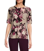 Calvin Klein Matte Jersey Floral-Printed Crew Neck Elbow Sleeve Blouse