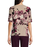 Calvin Klein Matte Jersey Floral-Printed Crew Neck Elbow Sleeve Blouse