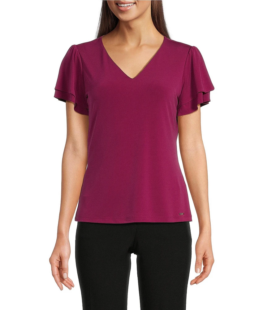 Calvin Klein Matte Jersey V-Neck Flutter Short Sleeve Top