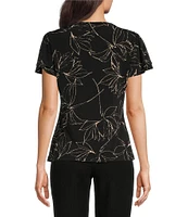 Calvin Klein Matte Knit Jersey Sketch Floral Print Short Flutter Sleeve V-Neck Top