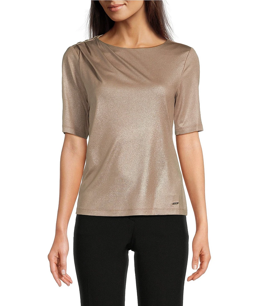 Calvin Klein Matte Shine Crew Neck Elbow Sleeve Blouse