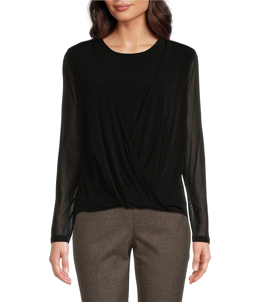 Calvin Klein Mesh Long Sleeve Crew Neck Faux-Wrap Top