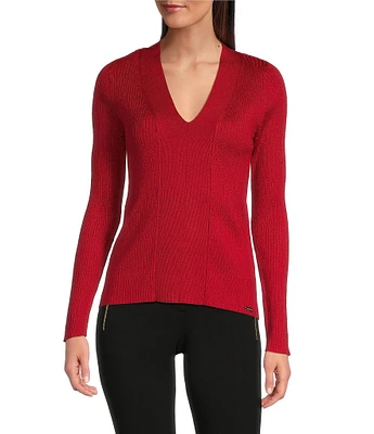 Calvin Klein Metallic Knit V-Neck Long Sleeve Top